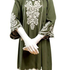 CHIC CONNECTION~ Embroidered, Boho Shift Dress- Color: Sage & White- Size: Small